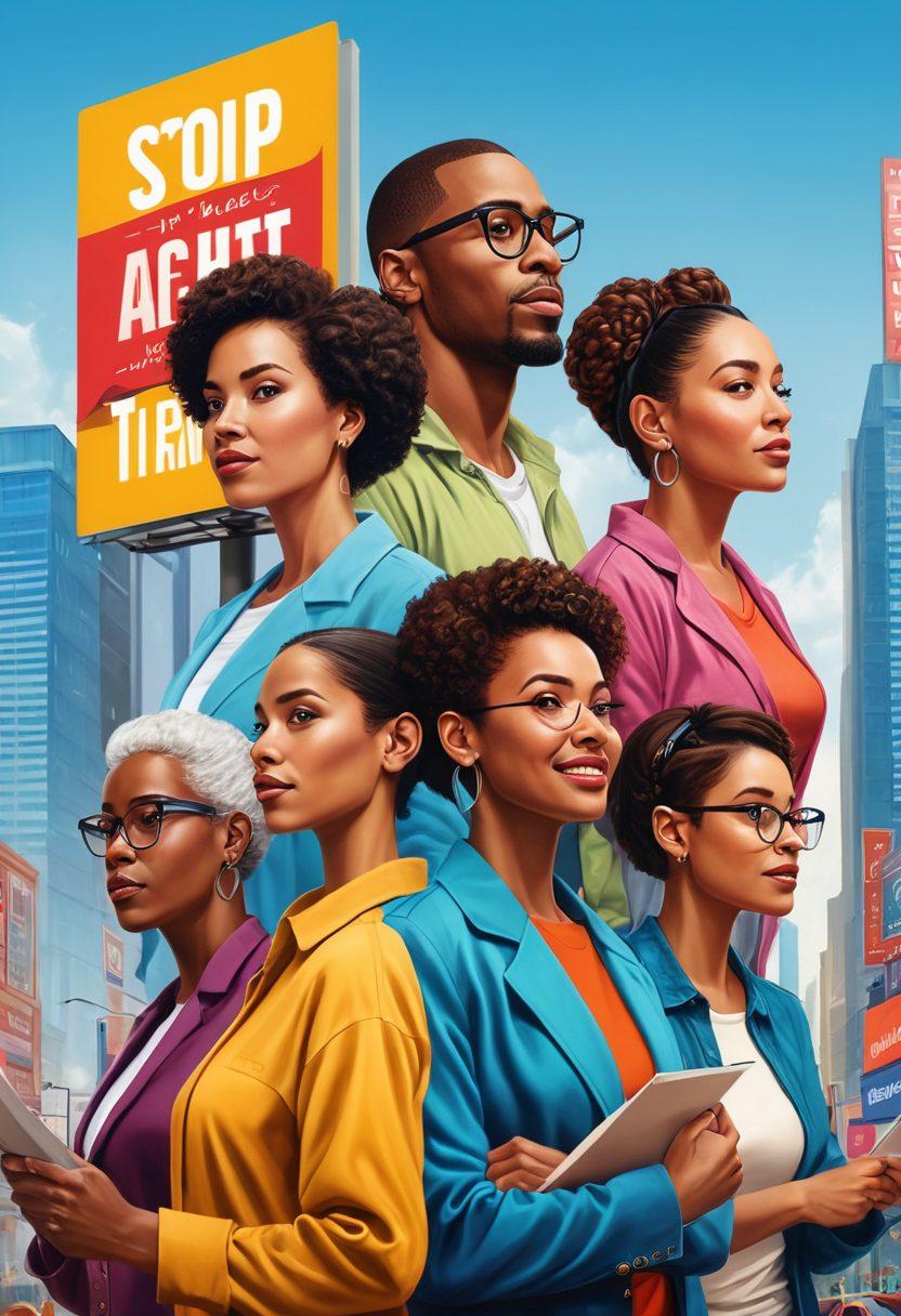 A powerful illustration of a diverse group of individuals standing confidently together, holding signs that symbolize consumer rights and anti-telemarketing strategies, such as 'Know Your Rights!', 'Stop Unwanted Calls!', and 'Empower Yourself!'. The background features a cityscape with vibrant billboards highlighting the theme of awareness. The scene is filled with dynamic energy, showing people of different ages and ethnicities engaged in conversation, portraying unity and empowerment. super-realistic. vibrant colors. urban setting.