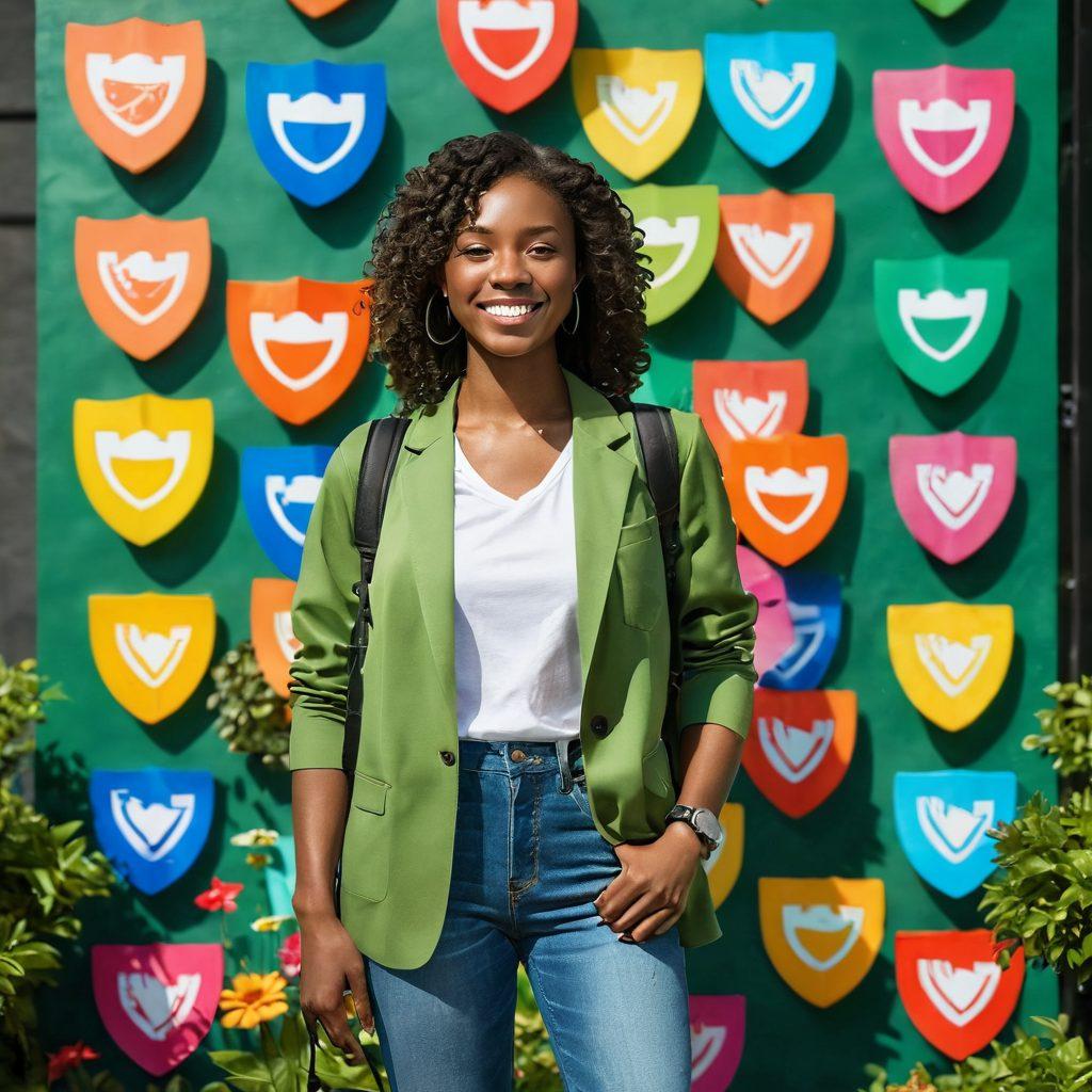 A joyful consumer standing confidently in a bright, sunlit urban environment, surrounded by colorful call-blocking icons like shields and phones crossed out, symbolizing call prevention. Lush greenery and vibrant flowers in the background represent a peaceful life free from disturbance. The consumer's expression is one of empowerment and relief. Super-realistic. Vibrant colors. Bright background.