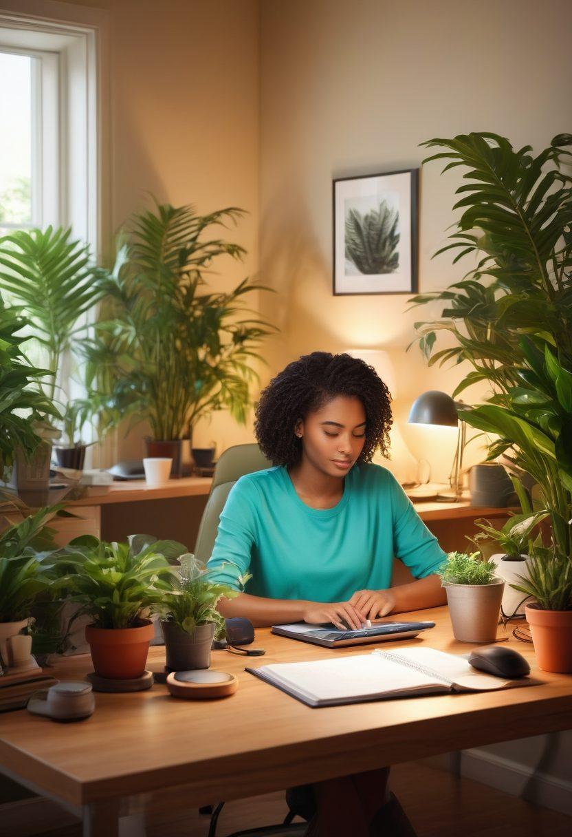 A serene scene depicting a peaceful home office environment, with a person happily working at a desk surrounded by plants and soft lighting, while their phone displays a 'Do Not Disturb' message. Include elements symbolizing call prevention and privacy, like a shield or lock icon in the background. Emphasize a sense of harmony and tranquility. super-realistic. vibrant colors. warm lighting.